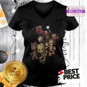 Official Happy Rocket Raccoon Riding Baby Groots Reindeer Christmas V-Neck