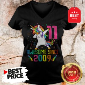 Awesome Since 2009 11 Years Old 11th Birthday Unicorn Dabbing V-Neck