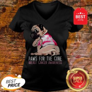 Official Pug Paws For The Cure Breast Cancer Awareness Pink Ribbon V-Neck