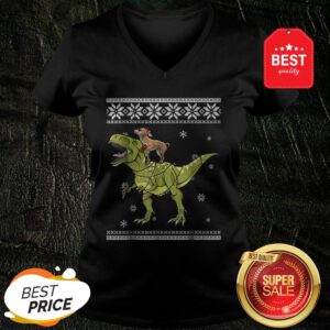 Beautiful Chihuahua Riding T Rex Dinosaur Christmas Light Xmas V-Neck