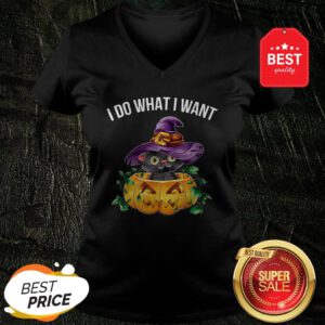 Official I Do What I Want Halloween Kitten Cat Witch V-Neck