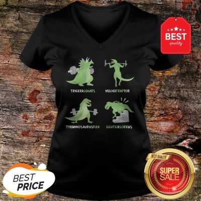 Dinosaur Tricera squats Velocitraptor Tyrannosaurus flex Gluteasoreus V-Neck