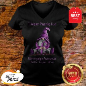 Gnome I Wear Purple For Fibromyalgia Awareness Faith Hope Love V-Neck