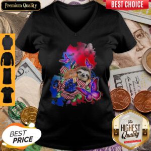 Sloth American Flag Veteran Independence Day Butterfly V-neck