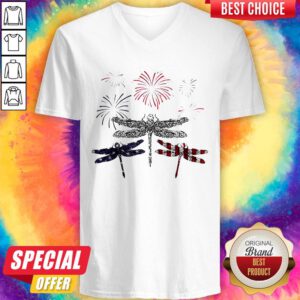 Dragonfly Firework American Flag Independence Day V-neck
