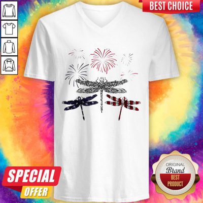 Dragonfly Firework American Flag Independence Day V-neck