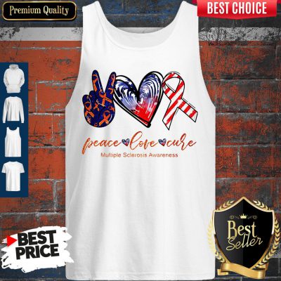 Peace Love Cure Multiple Sclerosis Awareness American Flag Veteran Independence Day Tank Top