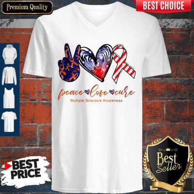 Peace Love Cure Multiple Sclerosis Awareness American Flag Veteran Independence Day V-neck