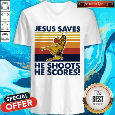 Basketball Jesus Saves He Shoots He Scores Vintage Retro V-neck