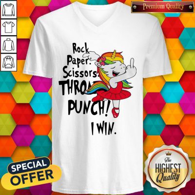 Unicorn Rock Paper Scissors Throat Punch I Win V-neck