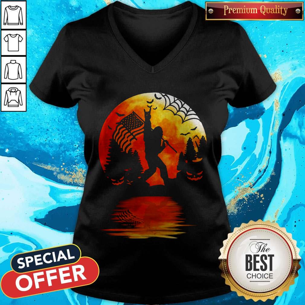 Bigfoot Holding American Flag Moon Halloween Shirt - Image 5