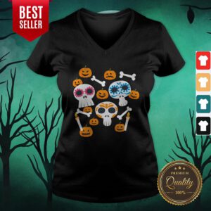Funny Mexican Skulls Pumpkins With Face V-neck
