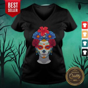 Hot Sugar Skull Woman Flower Day Dead Dia De Muertos V-neck