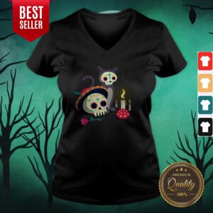 Cat With Sugar Skull Happy Dia De Muertos Day Of Dead V-neck