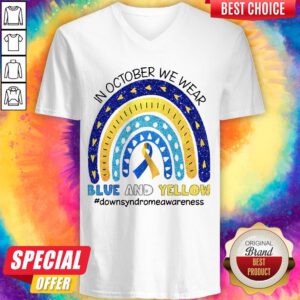 In October We Wear Blue And Yellow Downsyndrwareness V-neck