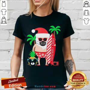 Happy Merry Christmas Surfing Santa With Mask V-neck- Design By Handstee.com