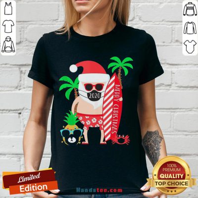 Happy Merry Christmas Surfing Santa With Mask V-neck- Design By Handstee.com