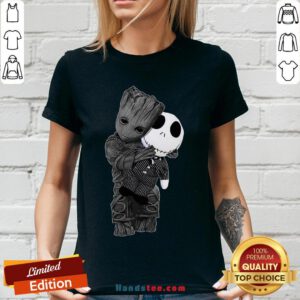 Cute Baby Groot Hug Jack Skellington V-neck - Design by Handstee.com