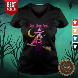 Ride With Pride LGBT Witch Funny Lesbian Halloween V-neck