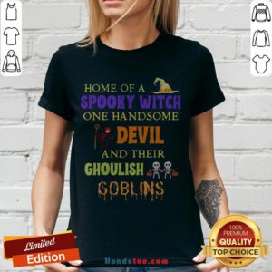 Home Of A Spooky Witch One Handsome Devil And Their Ghoulish Goblins Halloween V-neck - Design By Handstee.com