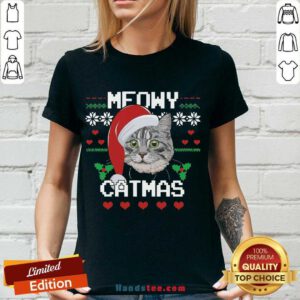 Funny Santa Cat Meowy Catmas Ugly Christmas V-neck- Design By Handstee.com