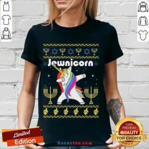Nice Unicorn Dabbing Jewnicorn Ugly Christmas V-neck- Design By Handstee.com