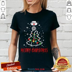 Perfect Merry Christmas Nurse Shirt Stethoscope Tree Lights Gift V-neck- Design By Handstee.com