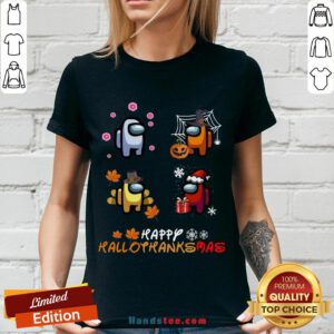 Top Among Us Happy Hallothanksmas V-neck- Design By Handstee.com
