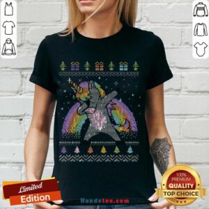 Top Unicorn Dabbing Ugly Merry Christmas V-neck- Design By Handstee.com