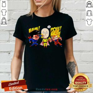 Funny Saitama Vs Superman And Goku V-neck - Design by handstee.com