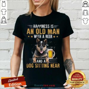 Good Happiness Is An Old Man With A Beer And A Dog Sitting Near V-neck - Design by handstee.com