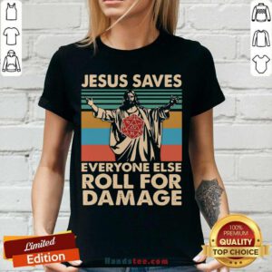 Top Jesus Saves Everyone Else Roll For Damage Vintage Retro V-neck - Design by handstee.com