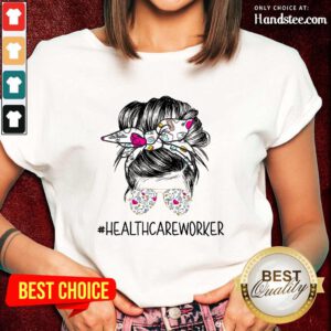 Happy Girl Bun Hair Glasses Healthcare Worker Ladies Tee