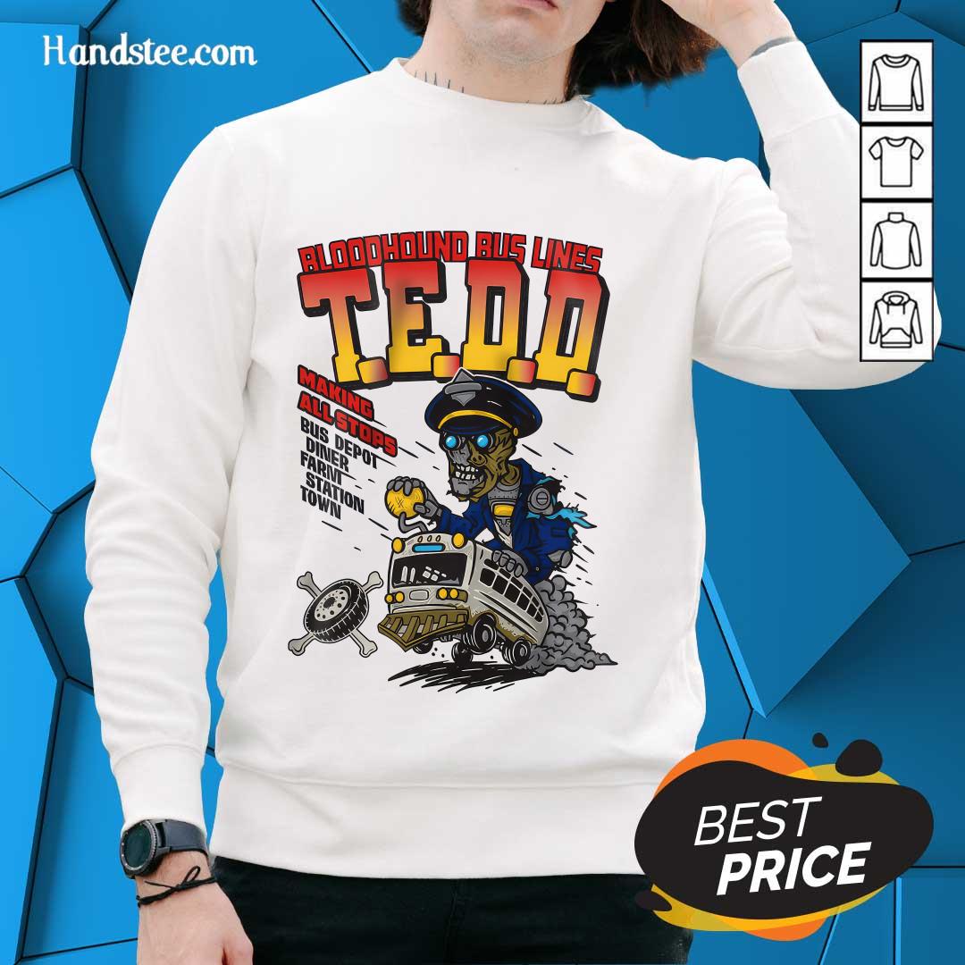 Bloodhound Bus Lines TEDD Making All Stops Bus Depot Diner Farm Station Town Zombie Sweater