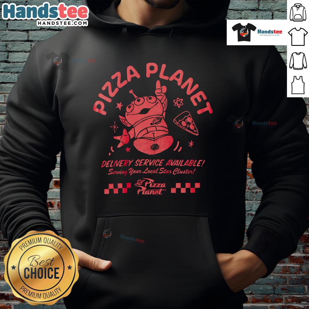 Disney Pixar Toy Story Pizza Planet hoodie featuring vibrant design and delivery services theme for fans of the movie.