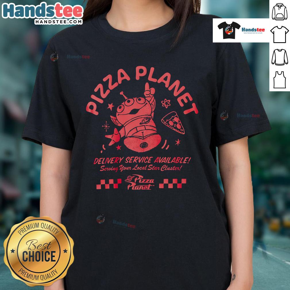 Disney Pixar Toy Story Pizza Planet Delivery Services Ladies Tee featuring vibrant graphics and a fun design for fans.
