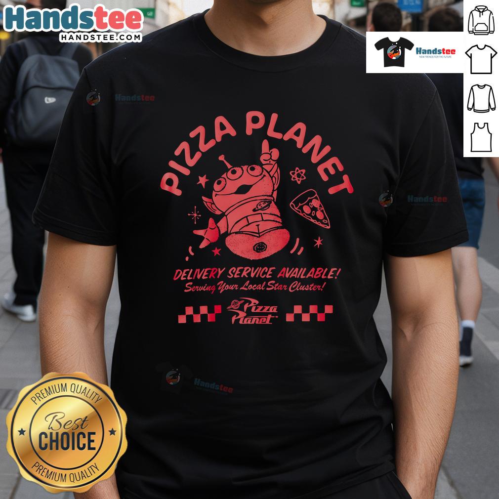 Disney Pixar Toy Story Pizza Planet Delivery Services Available T-Shirt featuring iconic pizza design and vibrant colors.