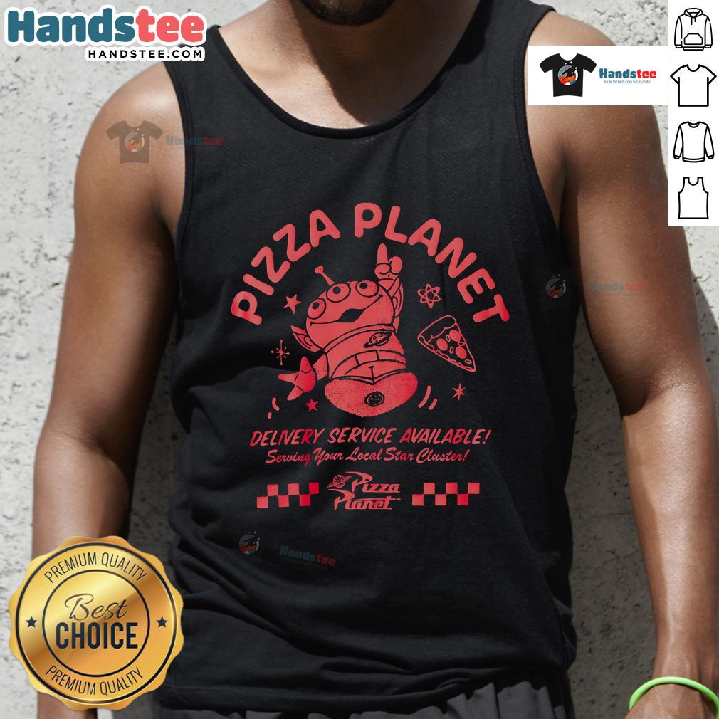 Disney Pixar Toy Story Pizza Planet delivery services tank top featuring vibrant graphics and playful design for fans.