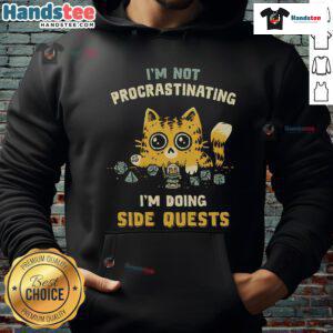 Cat in a cozy hoodie with I'm Not Procrastinating, I'm Doing Side Quests design, perfect for gamers and cat lovers.