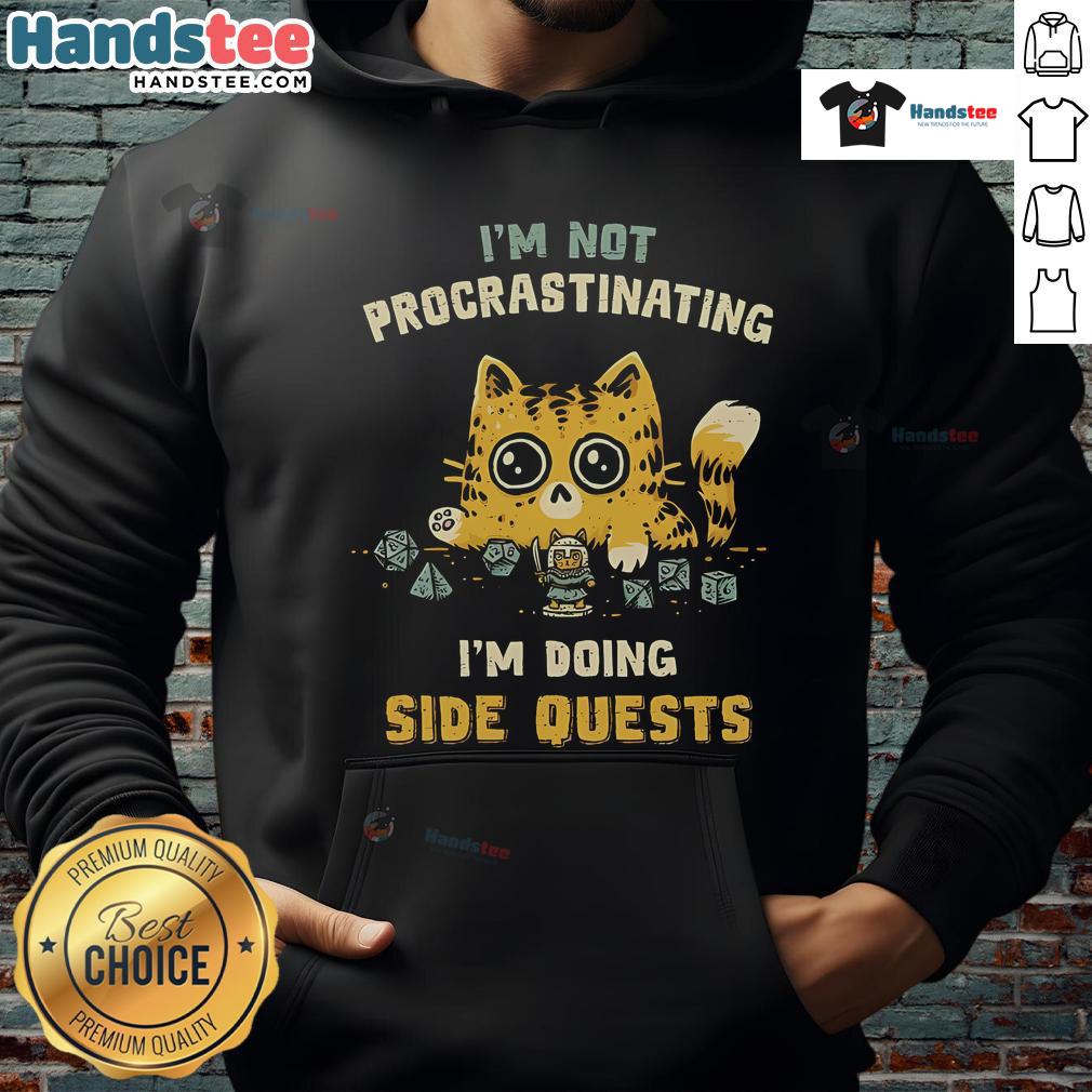 Cat in a cozy hoodie with I'm Not Procrastinating, I'm Doing Side Quests design, perfect for gamers and cat lovers.