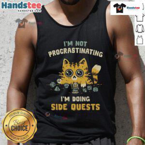 Cat tank top with 'I'm Not Procrastinating, I'm Doing Side Quests' design, perfect for gamers and feline fans.