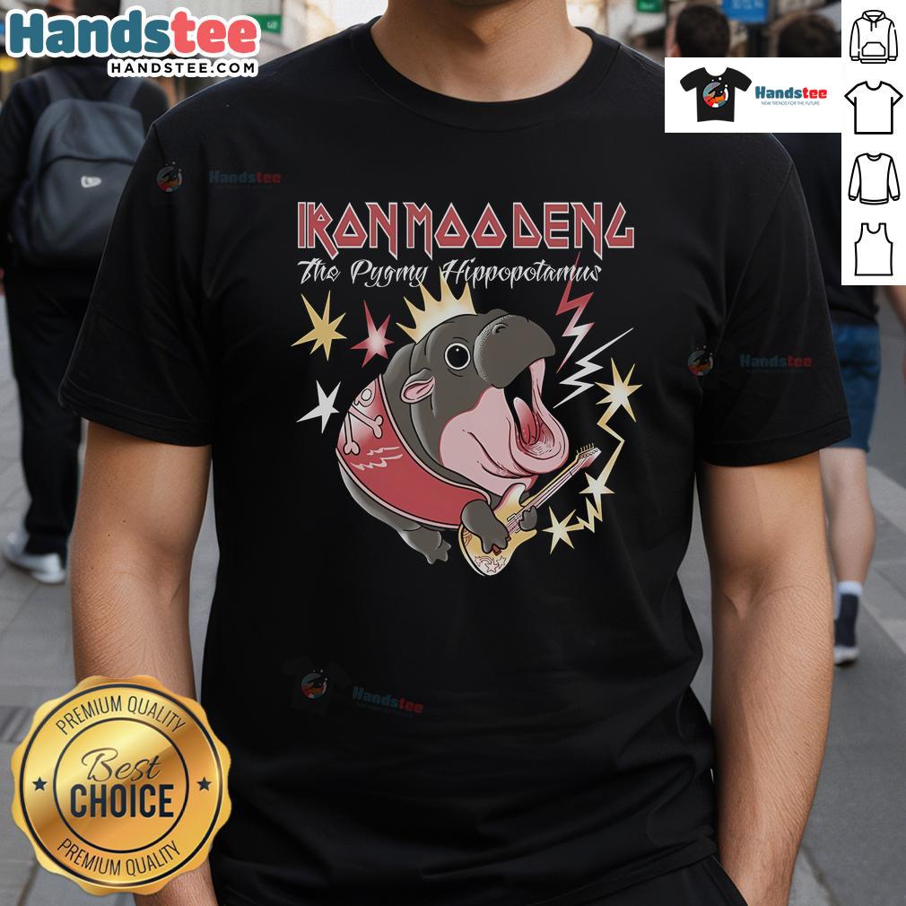 Alt Text: Iron Moo Deng The Pygmy Hippopotamus T-Shirt featuring a cute hippo graphic on a vibrant background.