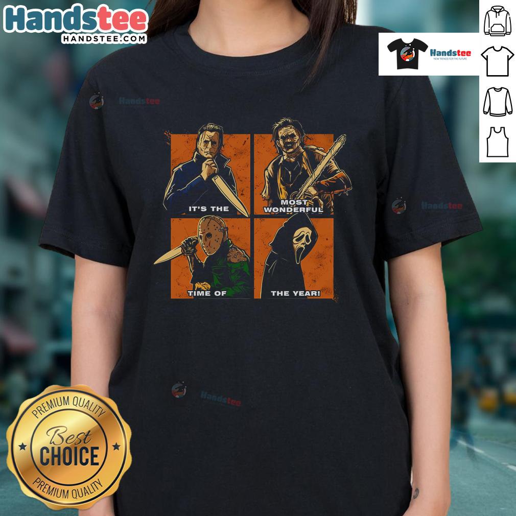 Alt Text: Halloween Ladies Tee featuring 'It's the Most Wonderful Time of the Year' design, perfect for festive celebrations.