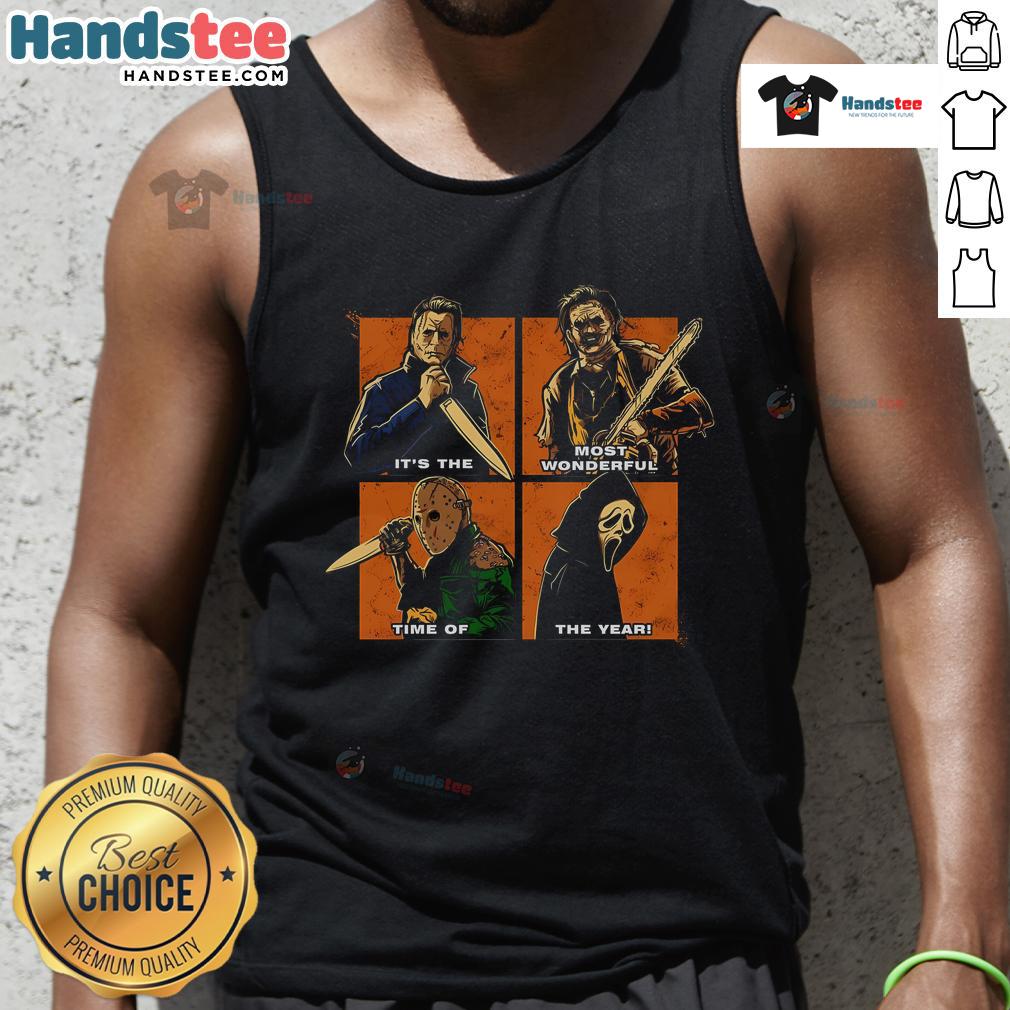 Festive Halloween tank top reading 'It's The Most Wonderful Time Of The Year' with spooky designs and vibrant colors.