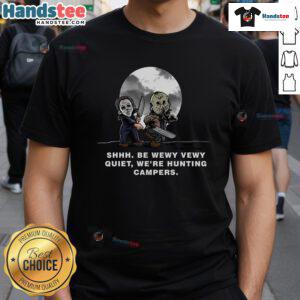 Jason and Michael Myers Camper Hunters Halloween T-Shirt featuring iconic horror characters in a spooky design.