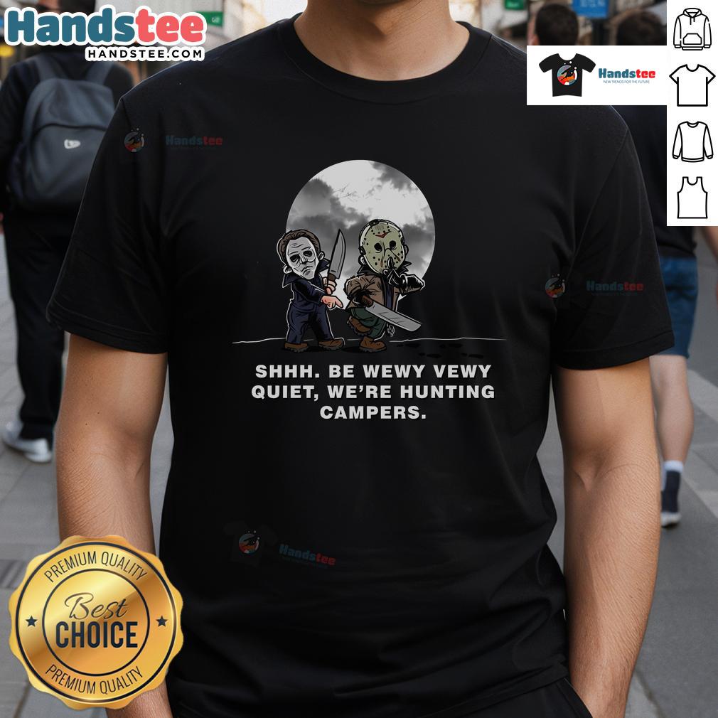 Jason and Michael Myers Camper Hunters Halloween T-Shirt featuring iconic horror characters in a spooky design.
