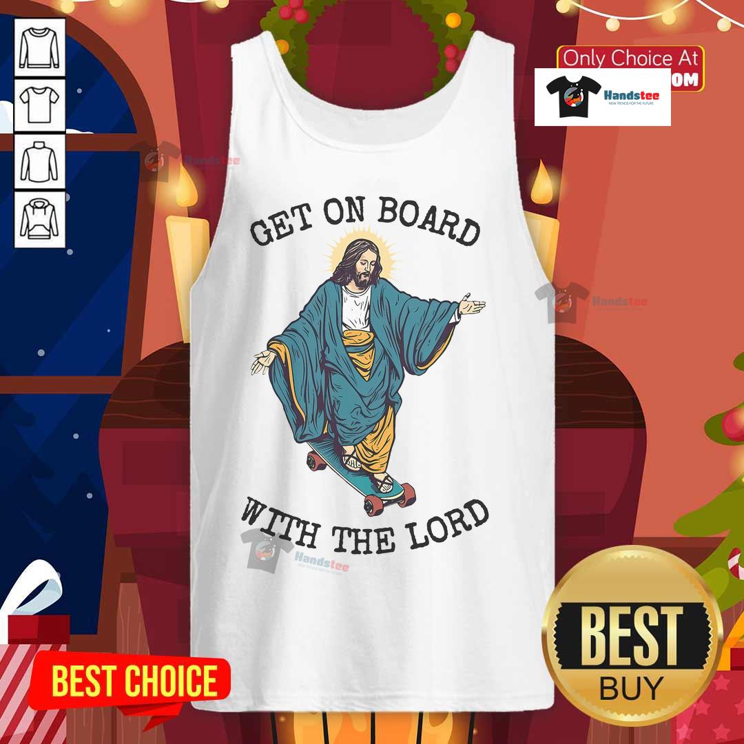 Awesome Christ skateboarding tank top featuring 'Get On Board With The Lord Jesus' design for stylish believers.