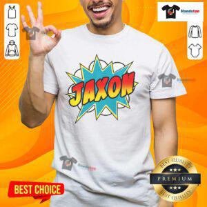 Awesome Jaxon Comic Book Superhero Name T-Shirt featuring a vibrant superhero graphic and bold typography.