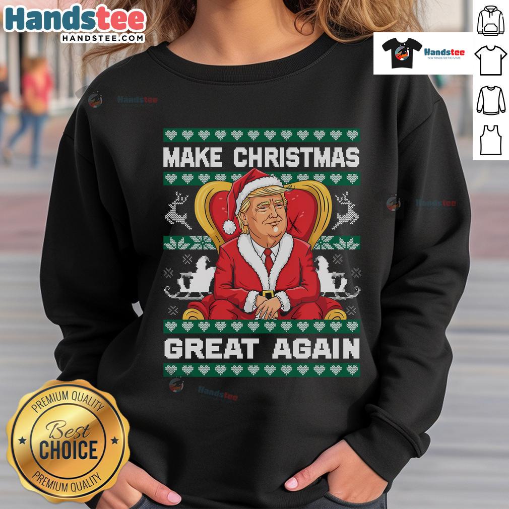 Alt Text: Awesome Trump Make Christmas Great Again Sweatshirt featuring festive design with Santa and patriotic colors.