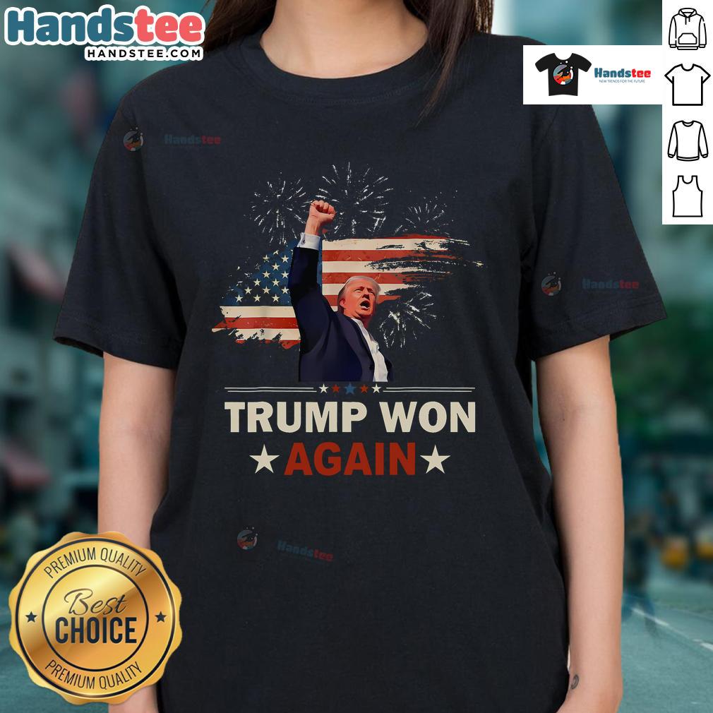 Alt Text: Awesome Trump Won Again 2024 Election shirt with American flag design, women's tee celebrating 47th president.